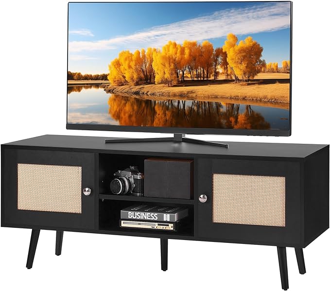 VEVOR Rattan TV Stand, Boho TV Cabinet for 55 inch TV, Mid Century Modern TV Stand, Rattan TV Console with Adjustable Shelfs for Living Room, Media Room, Black - LeafyLoom
