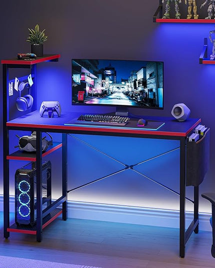 Bestier Gaming Desk with LED Lights, 44 Inch PC Gamer Desk for Small Spaces, Computer Desk with Reversible Storage Shelves & Side Storage Bag (Black 3D Carbon Fiber) - LeafyLoom