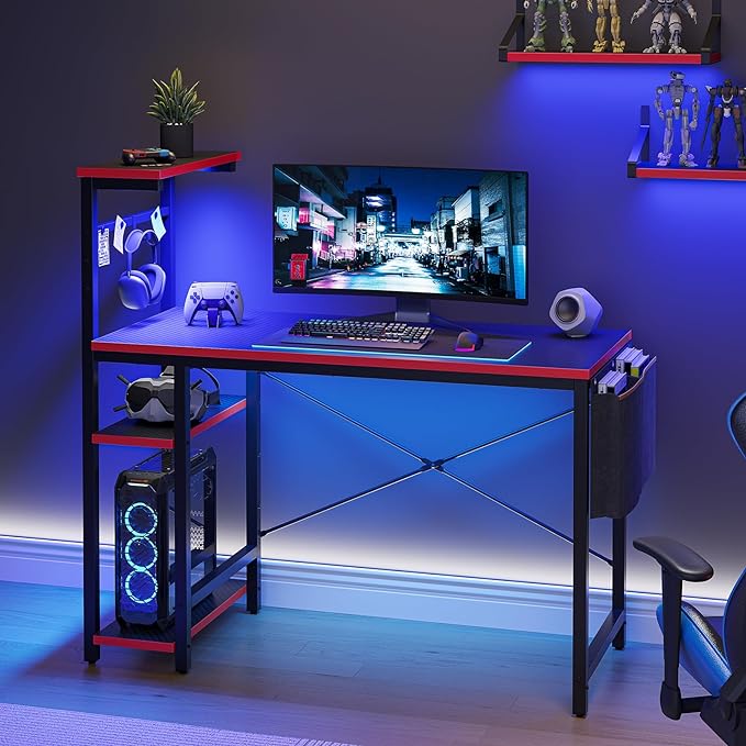 Bestier Gaming Desk with LED Lights, 44 Inch PC Gamer Desk for Small Spaces, Computer Desk with Reversible Storage Shelves & Side Storage Bag (Black 3D Carbon Fiber) - LeafyLoom