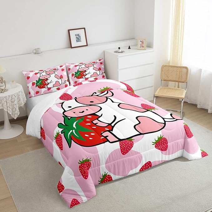 Feelyou Milk Cow Comforter Pink White Cow Strawberry Pattern Comforter Set Bedding Set for Kids Adults Kawaii Girls Milk Cow Print Duvet Set Ultra Soft Room Decor Full Size Quilt Set - LeafyLoom