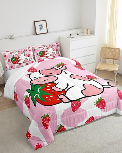 Feelyou Milk Cow Comforter Pink White Cow Strawberry Pattern Comforter Set Bedding Set for Kids Adults Kawaii Girls Milk Cow Print Duvet Set Ultra Soft Room Decor Twin Size Quilt Set - LeafyLoom
