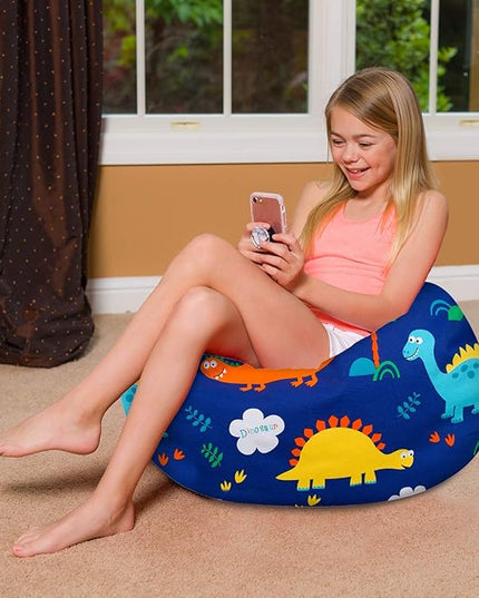 Posh Creations Bean Bag Chair for Kids, Teens, and Adults Includes Removable and Machine Washable Cover, Canvas Dinos on Blue, 27in - Medium - LeafyLoom