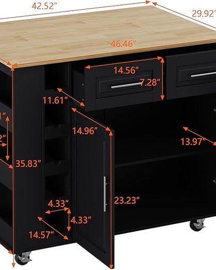 Multi-Functional Kitchen Island Mobile Cart with 2 Door Cabinet,Two Drawers,Spice-Rack,Towel Holder,Wine-Rack,Foldable Rubberwood Table Top,for Dining Room Bar,Black - LeafyLoom