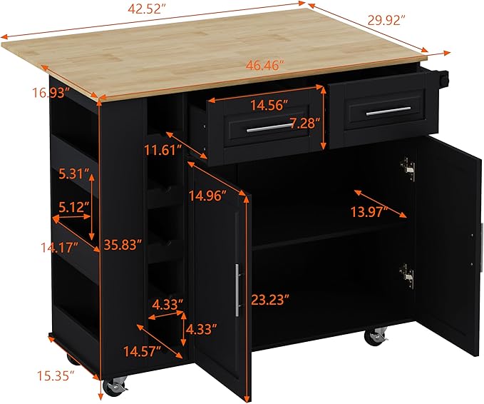 Multi-Functional Kitchen Island Mobile Cart with 2 Door Cabinet,Two Drawers,Spice-Rack,Towel Holder,Wine-Rack,Foldable Rubberwood Table Top,for Dining Room Bar,Black - LeafyLoom
