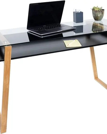 bonVIVO Massimo Small Desk - 55 Inch, Modern Computer Desk for Small Spaces, Living Room, Office and Bedroom - Study Table w/Glass Top and Shelf Space - Black - LeafyLoom
