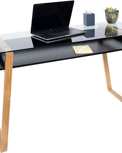 bonVIVO Massimo Small Desk - 55 Inch, Modern Computer Desk for Small Spaces, Living Room, Office and Bedroom - Study Table w/Glass Top and Shelf Space - Black - LeafyLoom