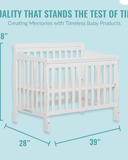 Aden 4-in-1 Convertible Mini Crib In White, Greenguard Gold Certified, Non-Toxic Finish, New Zealand Pinewood, With 3 Mattress Height Settings - LeafyLoom