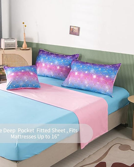 RYNGHIPY 6Pcs Teal Pink Sparkle Mermaid Comforter Sets Queen Size, 3D Rainbow Glitter Girls Bedding Sets, Ombre Pastel Fish Scale Bedding Collection Sets - LeafyLoom