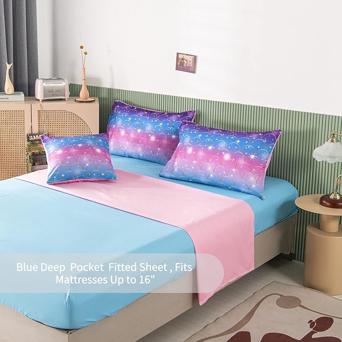 RYNGHIPY 6Pcs Teal Pink Sparkle Mermaid Comforter Sets Full Size, 3D Rainbow Glitter Girls Bedding Sets, Ombre Pastel Fish Scale Bedding Collection Sets - LeafyLoom