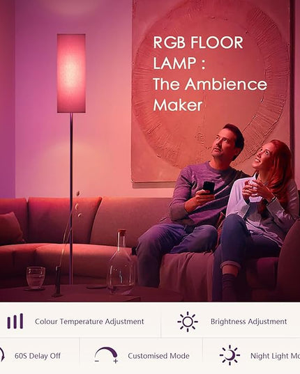 Floor Lamps for Living Room, Modern Floor Lamp with RGB LEDs Bulb,Dimmable Floor Lamp with App Control & Remote Control,Tall Reading Lamp for Bedroom, Living Room, Office,Gray Lampshade - LeafyLoom