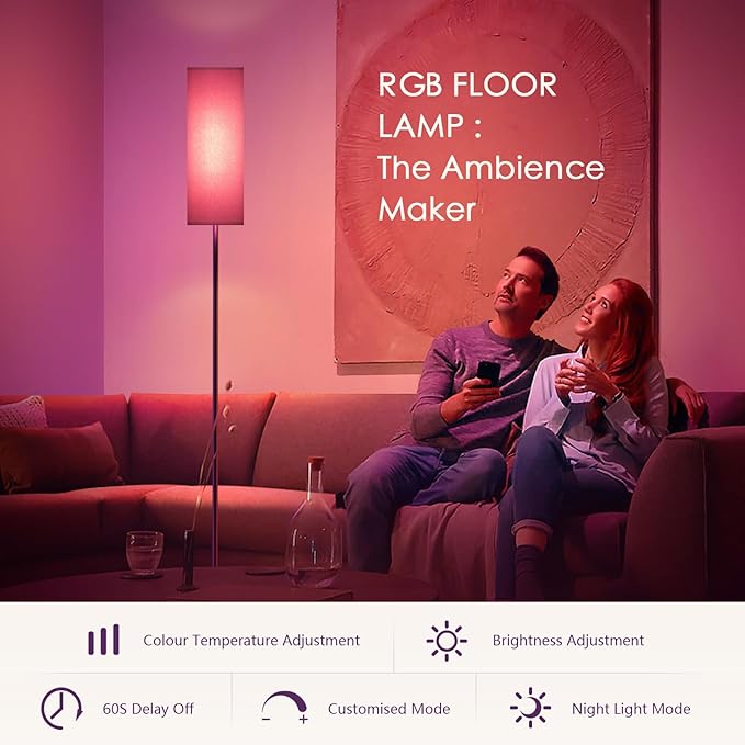 Floor Lamps for Living Room, Modern Floor Lamp with RGB LEDs Bulb,Dimmable Floor Lamp with App Control & Remote Control,Tall Reading Lamp for Bedroom, Living Room, Office,Gray Lampshade - LeafyLoom