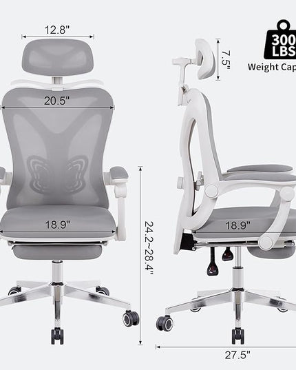 Ergonomic Office Chair with Footrest | Adjustable Lumbar Support, Reclining Desk Chair with Leg Rest, Comfortable Mesh Computer Chair for Home & Office (Grey) - LeafyLoom