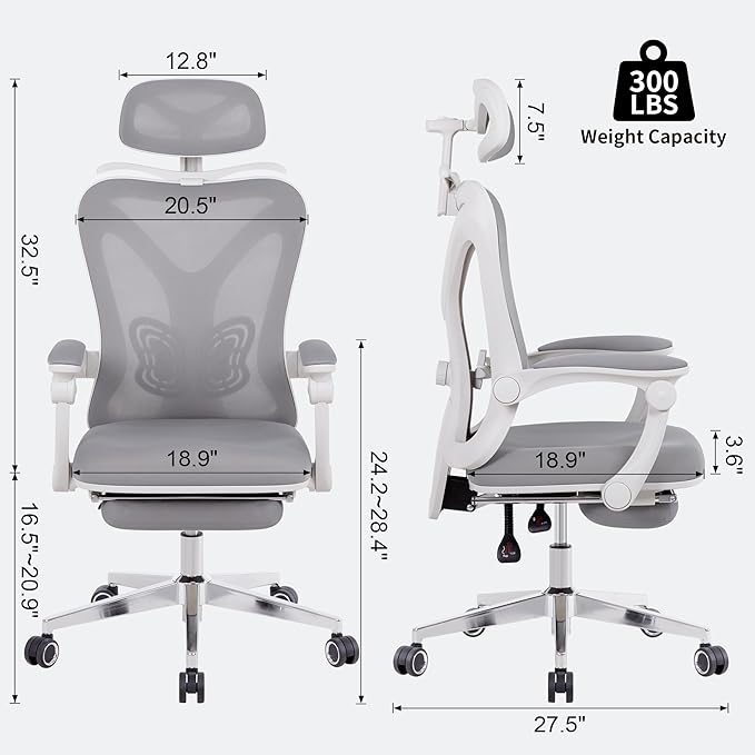 Ergonomic Office Chair with Footrest | Adjustable Lumbar Support, Reclining Desk Chair with Leg Rest, Comfortable Mesh Computer Chair for Home & Office (Grey) - LeafyLoom