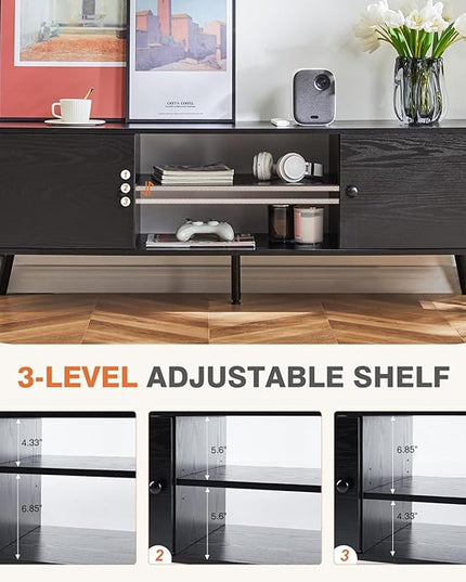 Sweetcrispy TV Stand for 55 60 inch Television, Entertainment Center with Storage, 2 Cabinet Media Console Table, Soft Hinge Door with Handle, Wood Feet, Living Room, Bedroom Furniture, Black - LeafyLoom