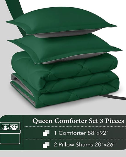 downluxe Queen Comforter Set - Dark Green and Grey Queen Comforter, Soft Bedding Sets for All Seasons -3 Pieces - 1 Comforter (88"x92") and 2 Pillow Shams(20"x26") - LeafyLoom