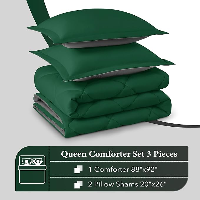 downluxe Queen Comforter Set - Dark Green and Grey Queen Comforter, Soft Bedding Sets for All Seasons -3 Pieces - 1 Comforter (88"x92") and 2 Pillow Shams(20"x26") - LeafyLoom