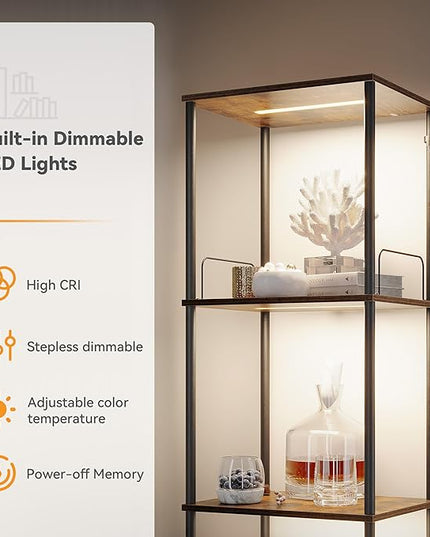 SUNMORY Display Shelf with Dimmable Lights, Lighted Display Cases for Collectibles, Adjustable Color Temperature and Brightness, Display Cabinet, Floor Lamp with Shelves, Home Decor, Rustic Brown - LeafyLoom