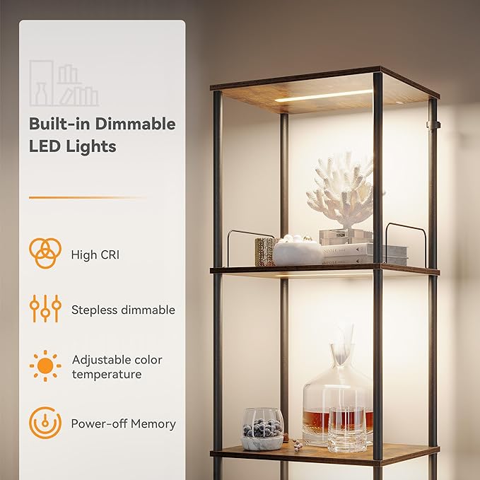 SUNMORY Display Shelf with Dimmable Lights, Lighted Display Cases for Collectibles, Adjustable Color Temperature and Brightness, Display Cabinet, Floor Lamp with Shelves, Home Decor, Rustic Brown - LeafyLoom