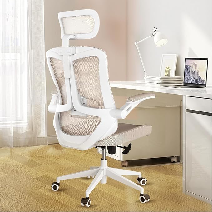 Ergonomic Office Chair - Comfy Desk Chairs with Wheels and Arms, Heavy Duty Mesh Computer Chairs with Comfortable Head Lumbar Back Support for Office, Bedroom, Study and College Dorm (khaki) - LeafyLoom