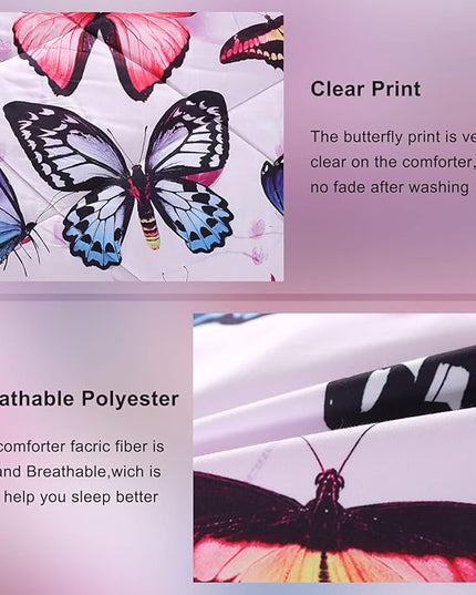 ENCOFT Butterfly Comforter Queen Size, 3 Pieces Girls Teen Kids Quilted Bedspread Queen Bed Comforter Bedding Sets, All Seasons Microfiber Purple Butterfly Bedding Set, with Pillowcase - LeafyLoom