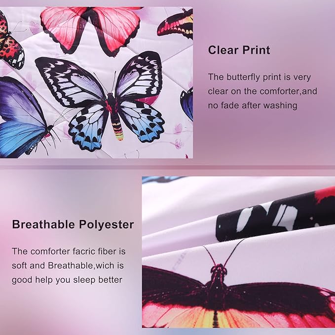 ENCOFT Butterfly Comforter Queen Size, 3 Pieces Girls Teen Kids Quilted Bedspread Queen Bed Comforter Bedding Sets, All Seasons Microfiber Purple Butterfly Bedding Set, with Pillowcase - LeafyLoom