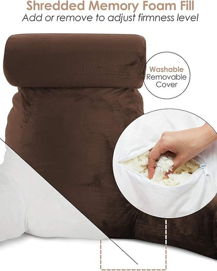 Clara Clark Reading Pillow, Large Back Pillow for Sitting Up in Bed, Memory Foam Back Support Pillow, Reading Pillows for Sitting in Bed, Chocolate Brown Sit Up Pillow for Bed with Arms and Pockets - LeafyLoom