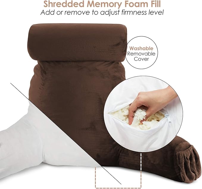 Clara Clark Reading Pillow, Large Back Pillow for Sitting Up in Bed, Memory Foam Back Support Pillow, Reading Pillows for Sitting in Bed, Chocolate Brown Sit Up Pillow for Bed with Arms and Pockets - LeafyLoom