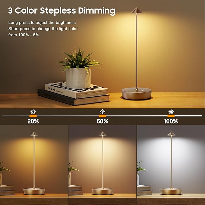 2Pack Cordless Table Lamp Rechargeable , Portable Outdoor LED Table Lamp Waterproof 6000mAh Battery Desk Lamp, 3 Color Stepless Dimming Table Light for Restaurant/Bedroom/Bar/Outdoor Party/Camping - LeafyLoom
