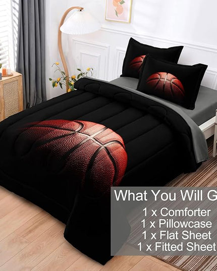 Teenage Boy Bedding Sets Twin 4 Pieces Basketball Comforter Set for Boys Twin Size Bed in a Bag Set, Basketball Bedding Twin, Red Black - LeafyLoom
