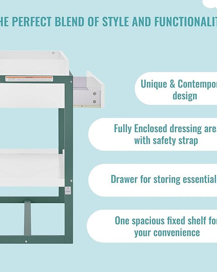 Arlo Changing Table in Jungle Green, Made of Solid New Zealand Pinewood, Non-Toxic Finish, Comes with Water Resistant Mattress Pad & Safety Strap - LeafyLoom