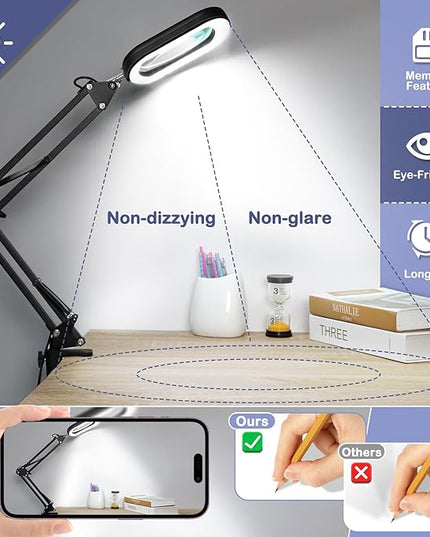 10X Square Magnifying Glass with Light and Stand, Real Glass LED Lighted Magnifier, 5 Color Modes Stepless Dimmable, Hands-Free Mag Desk Lamp with Clamp for Reading Craft Hobby Close Work - LeafyLoom