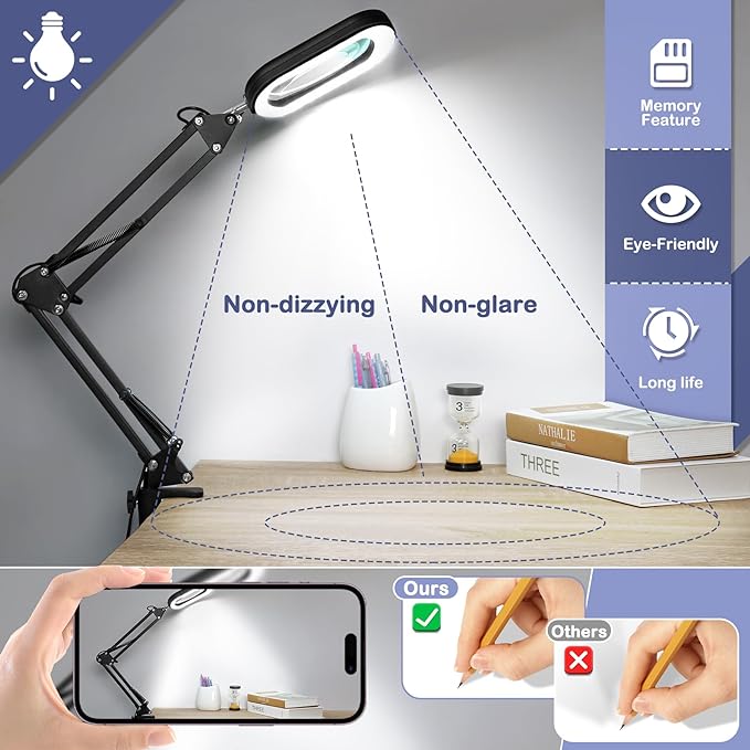 10X Square Magnifying Glass with Light and Stand, Real Glass LED Lighted Magnifier, 5 Color Modes Stepless Dimmable, Hands-Free Mag Desk Lamp with Clamp for Reading Craft Hobby Close Work - LeafyLoom