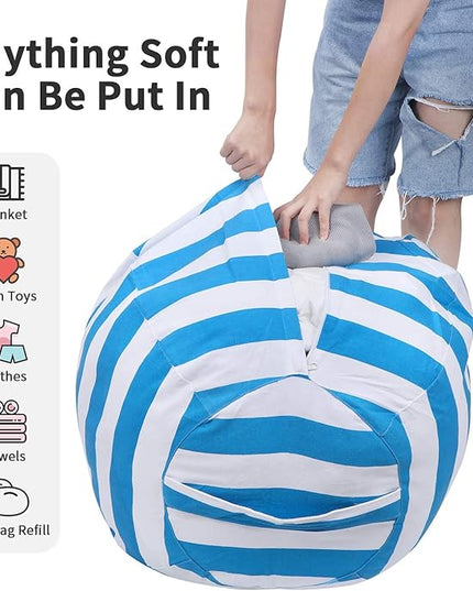 2 PCS Stuffed Animal Storage Bean Bag Chair Cover, Cotton Canvas Beanbag with Zipper for Organizing Kid's and Adults Room Blue 24" - LeafyLoom