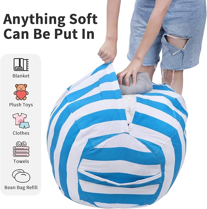 2 PCS Stuffed Animal Storage Bean Bag Chair Cover, Cotton Canvas Beanbag with Zipper for Organizing Kid's and Adults Room Blue 24" - LeafyLoom