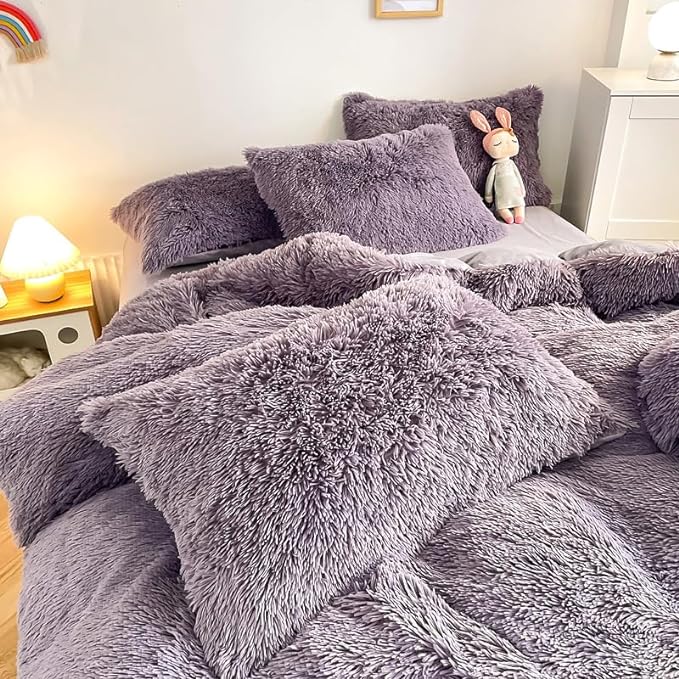 Faux Fur Kid Girls Purple Comforter Sets Twin/Full - 3PC Bed Set Warm Comfortable Soft Plush Flannel Velvet Fluffy Fuzzy Bedding（Comforter x 1 Pillowcases x 2） - LeafyLoom