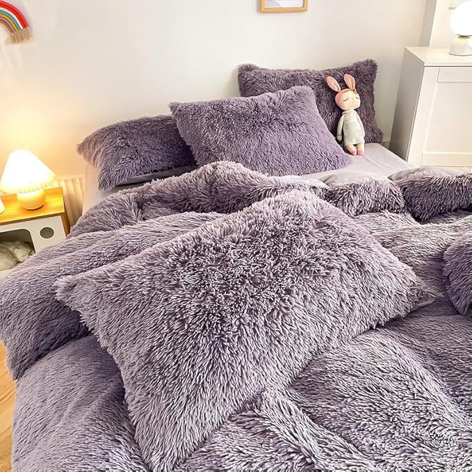 Faux Fur Kid Girls Purple Comforter Sets King - 3PC Bed Set Warm Comfortable Soft Plush Flannel Velvet Fluffy Fuzzy Bedding（Comforter x 1 Pillowcases x 2） - LeafyLoom