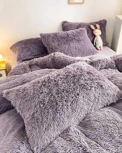 Faux Fur Kid Girls Purple Comforter Sets Queen - 3PC Bed Set Warm Comfortable Soft Plush Flannel Velvet Fluffy Fuzzy Bedding（Comforter x 1 Pillowcases x 2） - LeafyLoom