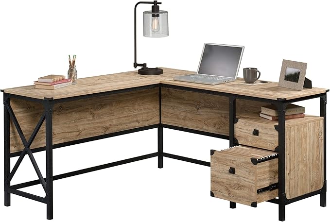 Sauder Steel River L-Shaped Desk, L: 59.84" x W: 57.32" x H: 29.53", Milled Mesquite Finish - LeafyLoom