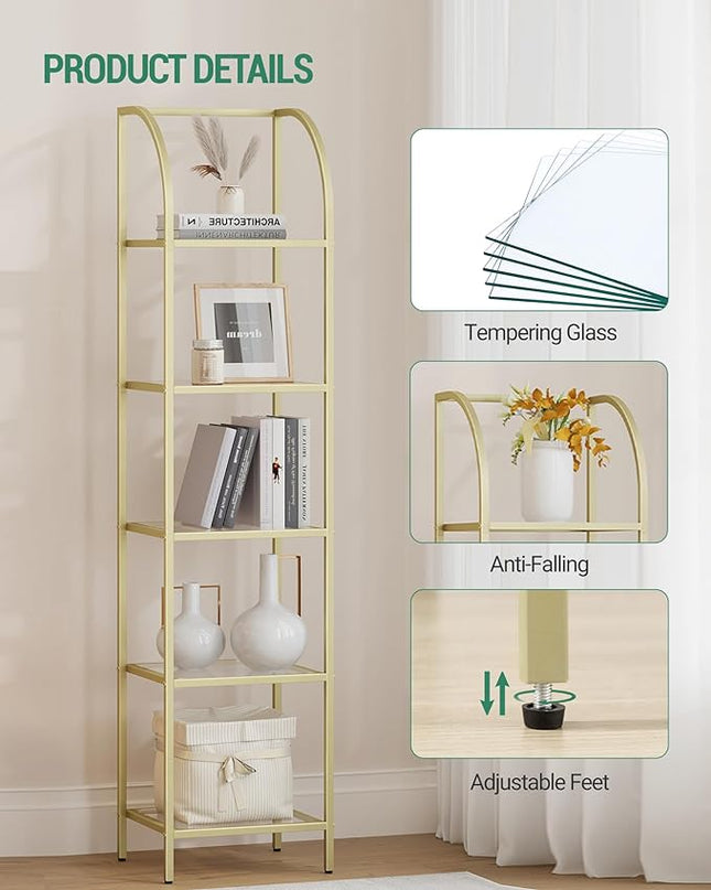 Bookcase Bookshelf, Tempered Glass Arched Bookshelf for More Storage, Slim Shelving Unit for Bedroom, Bathroom, Home Office, Steel Frame, 5 Tier Gold BC20599G - LeafyLoom