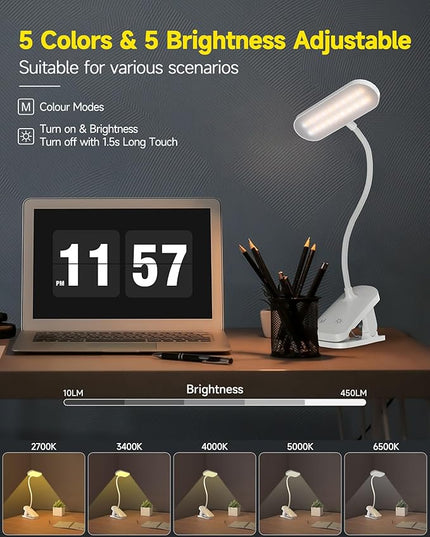 CUHIOY Desk Lamp with Clamp, Portable Cordless Rechargeable Clip on Reading Light, Eye-Caring LED Kid's Bunk Bed Light, 5 Colors 5 Brightness Flexible Neck Architect Lamp for Studying Crafting (White) - LeafyLoom