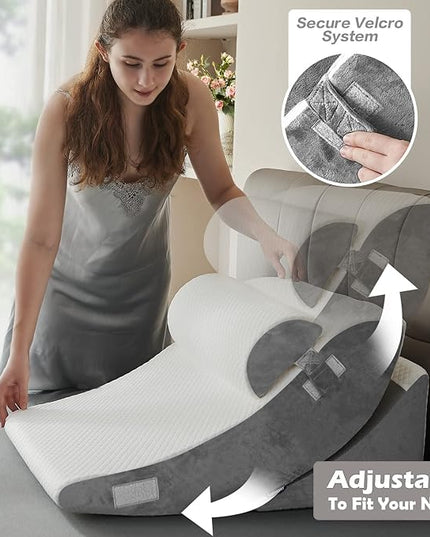 4PCS Orthopedic Bed Wedge Pillow Set – Post Surgery, Relaxing, Back & Adjustable Head Support Cushion – Triangle Memory Foam Pillow for Acid Reflux, Sleeping, Reading, Leg Elevation (White Grey) - LeafyLoom
