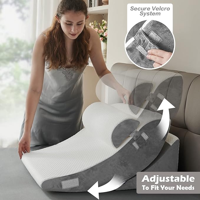 4PCS Orthopedic Bed Wedge Pillow Set – Post Surgery, Relaxing, Back & Adjustable Head Support Cushion – Triangle Memory Foam Pillow for Acid Reflux, Sleeping, Reading, Leg Elevation (White Grey) - LeafyLoom