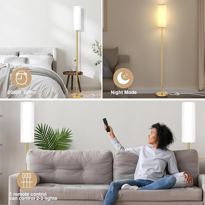 Floor Lamp for Living Room Bedroom with Remote, Modern LED Floor Lamp with Two Adjustment Modes of Reading and Colorful,Standing Lamp Tall Lamp with White Lampshade,9W Bulb Included(Gold) - LeafyLoom