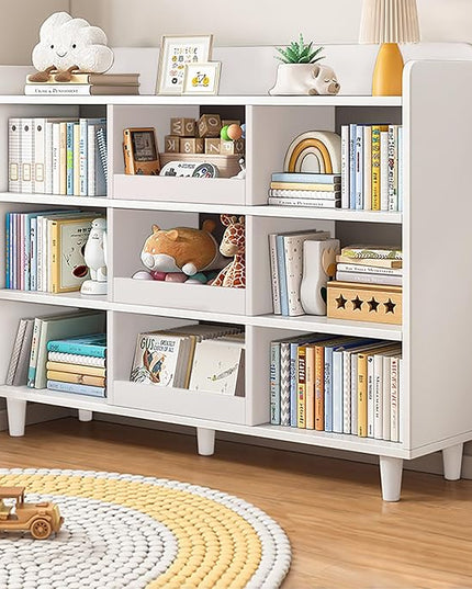 Wooden Cube Bookcase with Legs - 3-Tier Open Shelf Kidsroom Sorted Storage Cabinet Organizer for Books and Toys, 9-Cube Lattice Cute Cubby Bookshelf in Pearl White, 47" W - LeafyLoom