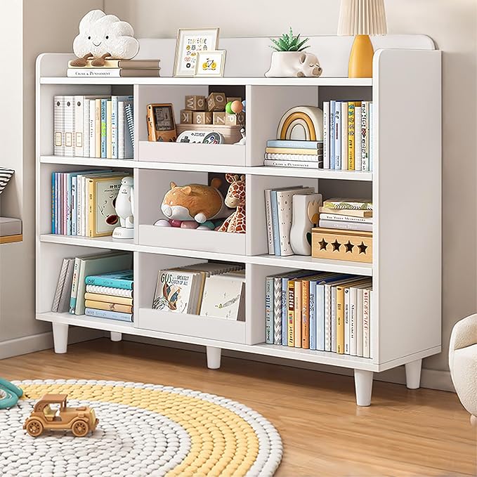 Wooden Cube Bookcase with Legs - 3-Tier Open Shelf Kidsroom Sorted Storage Cabinet Organizer for Books and Toys, 9-Cube Lattice Cute Cubby Bookshelf in Pearl White, 47" W - LeafyLoom