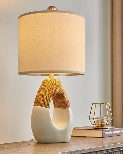 OYEARS 19” Boho Table Lamps Bedroom Living Room Small Farmhouse Rattan Lamp Rustic Egg Design Resin Nightstand Bedside Lamps for Bedroom Living Room Office Study Rest Decor - LeafyLoom