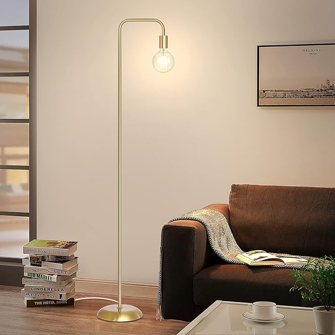 QiMH Industrial Floor Lamp with Light Bulb, Metal Standing Tall Modern Brushed Gold Led Living Room Lamp for Home Decor,Bedroom,Reading,Office(E26 Socket,Foot Switch) - LeafyLoom