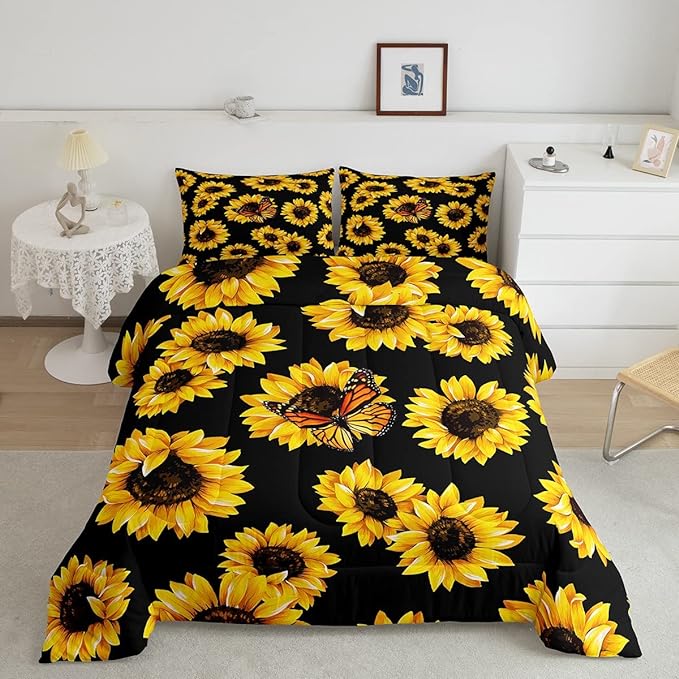 Feelyou Sunflower Bedding Set Girls Yellow Floral Butterfly Comforter Chic Flowers Pattern Comforter Set for Kids Teens Botanical Nature Duvet Set Ultra Soft Room Decor Twin Size - LeafyLoom