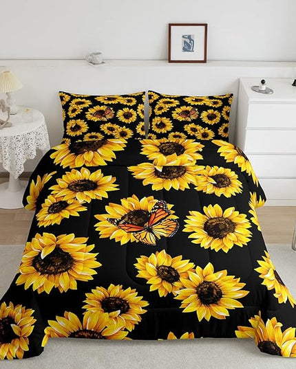 Feelyou Sunflower Bedding Set Girls Yellow Floral Butterfly Comforter Chic Flowers Pattern Comforter Set for Kids Teens Botanical Nature Duvet Set Ultra Soft Room Decor Queen Size… - LeafyLoom