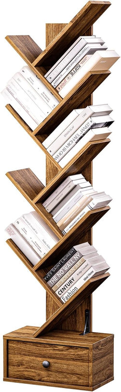 Pipishell Bookshelf with Drawer, 8-Tier Vertical Tree Bookshelf, Modern Bookcase, Modern Book Storage, Book Shelf Organizer for Living Room, Bedroom, Home Office, Rustic Brown, PIBS03WN - LeafyLoom